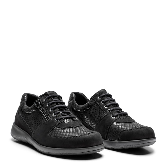 New Feet 241-19-1010 dame sko i sort mesh – snørebånd, lynlås og udtagelig indlægssål