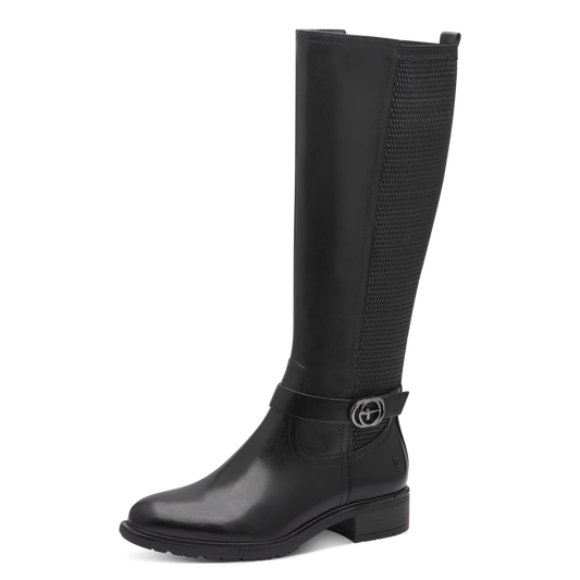 Tamaris Langskaftet Støvle – Sort Skind med Stretch og TOUCHit Komfort (1-25619-45)